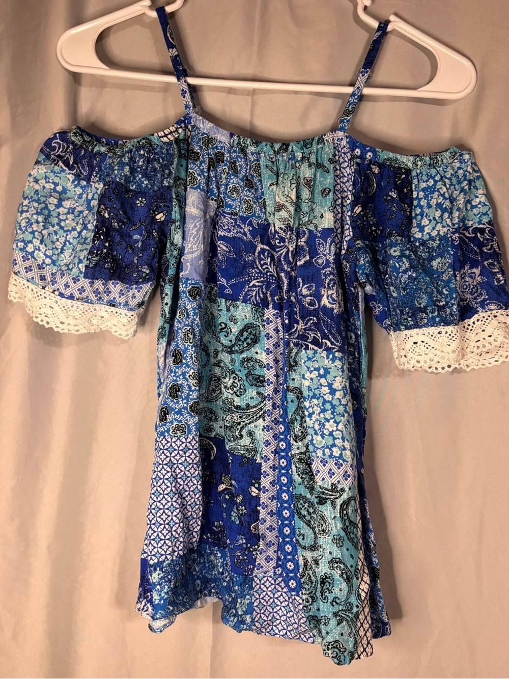 A.Byer Blue Patchwork Off-Shoulder Top with Lace Trim